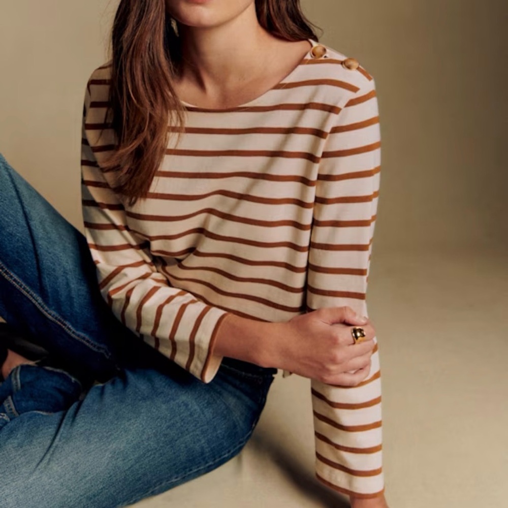 Sezane Cream and Tan Striped Long Sleeve Tee with Shoulder Buttons